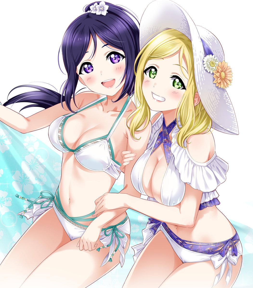 2girls bangs bare_arms bare_legs bikini blonde_hair blue_hair blue_towel blush breasts cleavage collarbone criss-cross_halter floral_print flower frilled_bikini frills green_eyes hair_ornament hair_tie halterneck hat hat_flower highres holding_arm large_breasts layered_bikini layered_swimsuit love_live! love_live!_sunshine!! matsuura_kanan multiple_girls navel ohara_mari open_mouth ponytail rozen5 side-tie_bikini sidelocks simple_background smile striped striped_bikini swimsuit towel violet_eyes white_background white_bikini white_bikini_bottom white_bikini_top