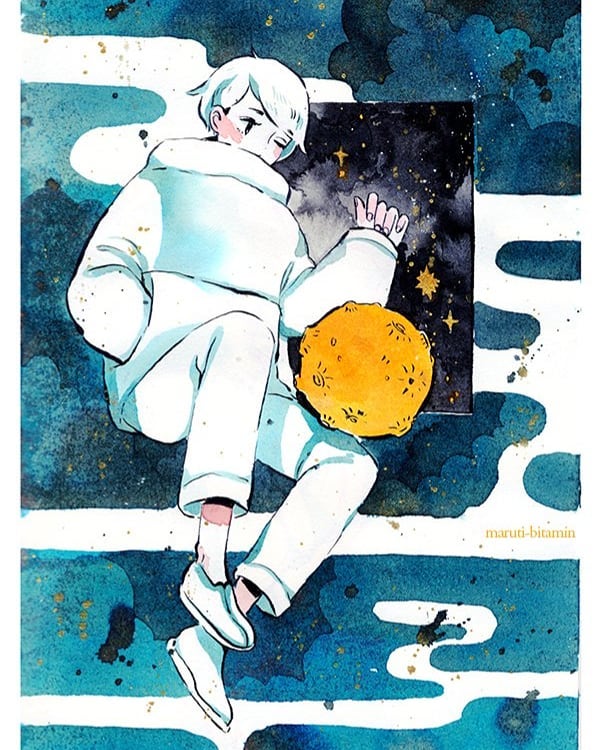 1girl artist_name covered_mouth crater full_body hand_in_pocket hand_up long_sleeves maruti_bitamin moon one_eye_closed original pants pocket rectangle shoes short_hair solo star traditional_media watercolor_(medium) white_footwear white_hair white_pants yellow_moon