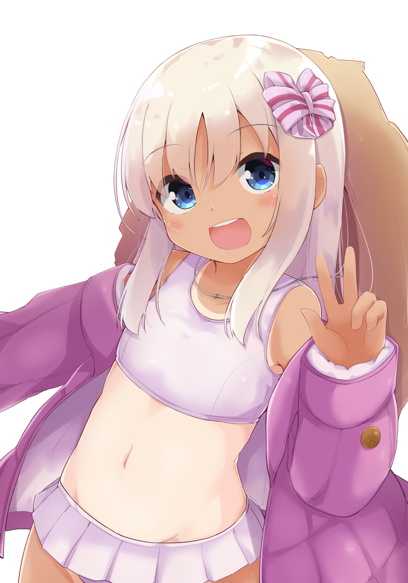 1girl :d bangs bikini bikini_skirt blue_eyes blush commentary_request dutch_angle eyebrows_visible_through_hair hair_between_eyes hand_up hat hat_around_neck head_tilt highres jacket kantai_collection long_hair long_sleeves navel off_shoulder one-piece_tan open_clothes open_jacket open_mouth purple_jacket ro-500_(kantai_collection) simple_background sleeves_past_wrists smile solar_milk solo sun_hat swimsuit tan tanline v white_background white_bikini white_hair