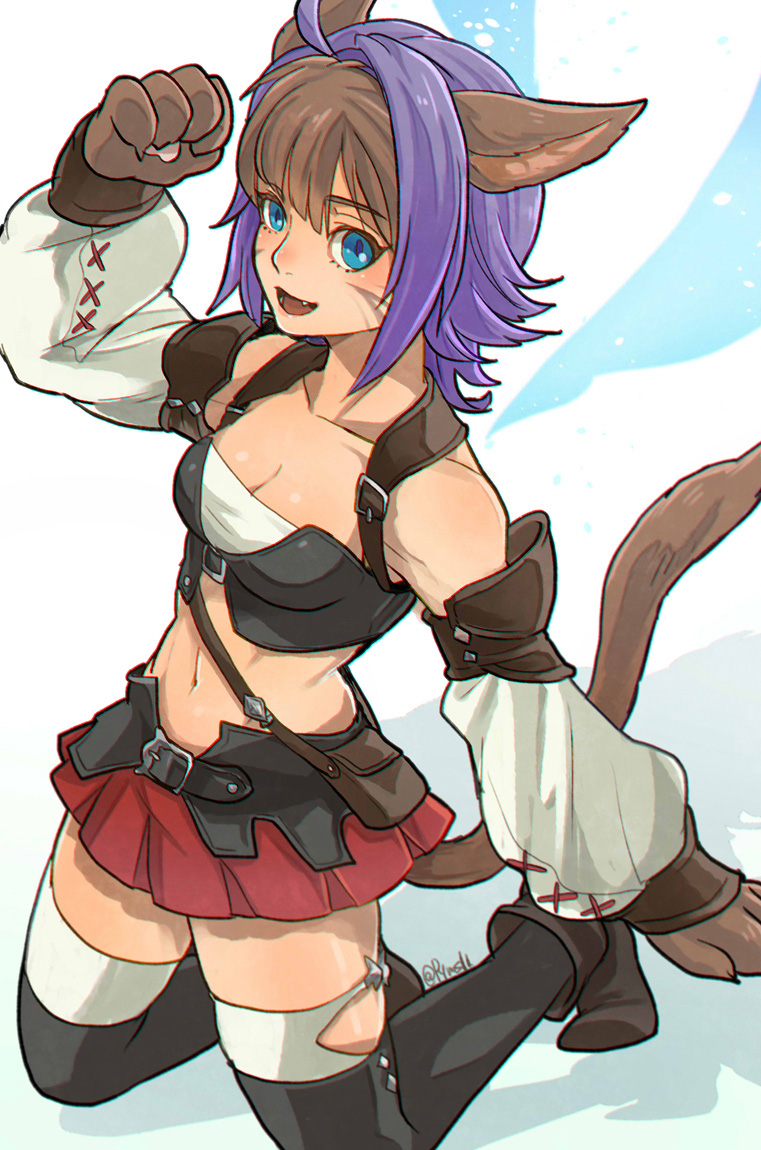 ahoge animal_ears animal_hand aqua_eyes belt belt_buckle black_legwear blue_wings boots breasts brown_footwear brown_hair buckle cat_ears cat_girl cat_tail cleavage cosplay detached_sleeves echo_(mff) eyebrows_visible_through_hair facepaint fang final_fantasy kneeling looking_at_viewer medium_breasts miniskirt miqo'te miqo'te_(cosplay) mobius_final_fantasy multicolored_hair navel open_mouth payu_(pyms11) pleated_skirt pouch purple_hair red_skirt shadow signature simple_background skirt stitches tail thigh-highs two-tone_hair wings zettai_ryouiki