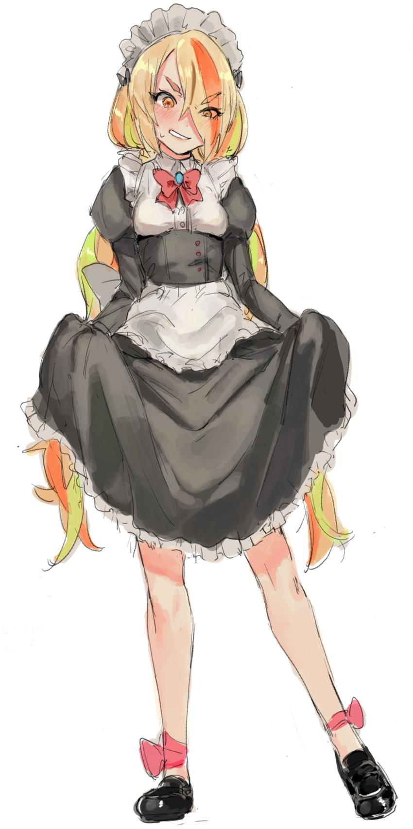 1girl alternate_costume blonde_hair blush enmaided green_hair hair_over_one_eye hat highres juliet_sleeves long_sleeves maid maid_headdress multicolored_hair nikaidou_saki orange_hat puffy_sleeves sketch skirt skirt_lift solo suisogenshi sweatdrop white_background zombie_land_saga