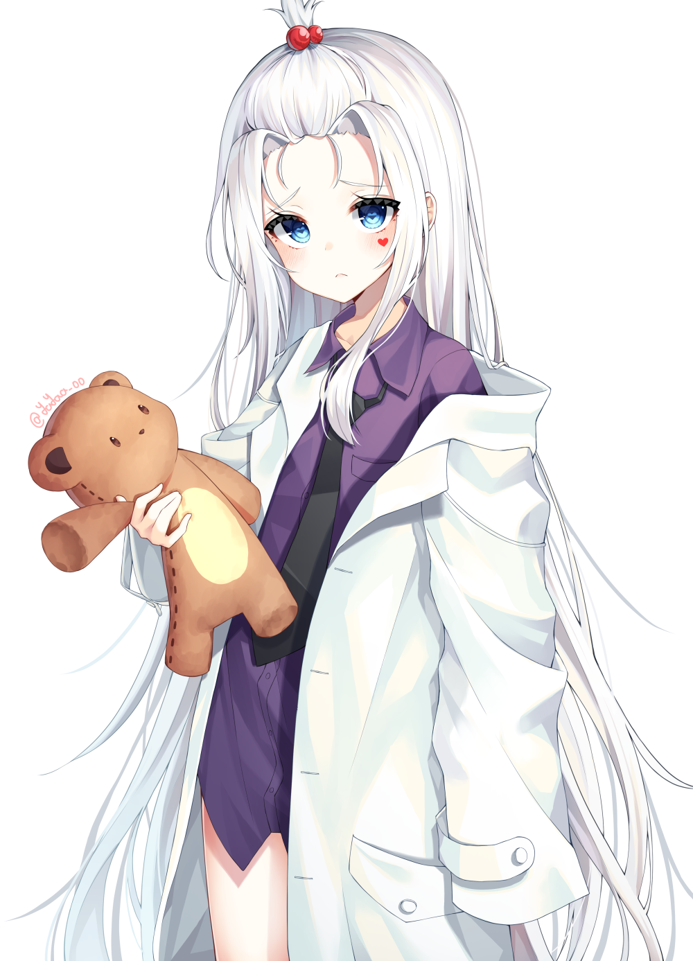 1girl black_neckwear blue_eyes character_request coat hair_bobbles hair_ornament highres inhoya2000 labcoat long_hair maplestory necktie no_pants off_shoulder purple_shirt shirt sleeves_past_wrists solo stuffed_animal stuffed_toy teddy_bear topknot white_coat white_hair