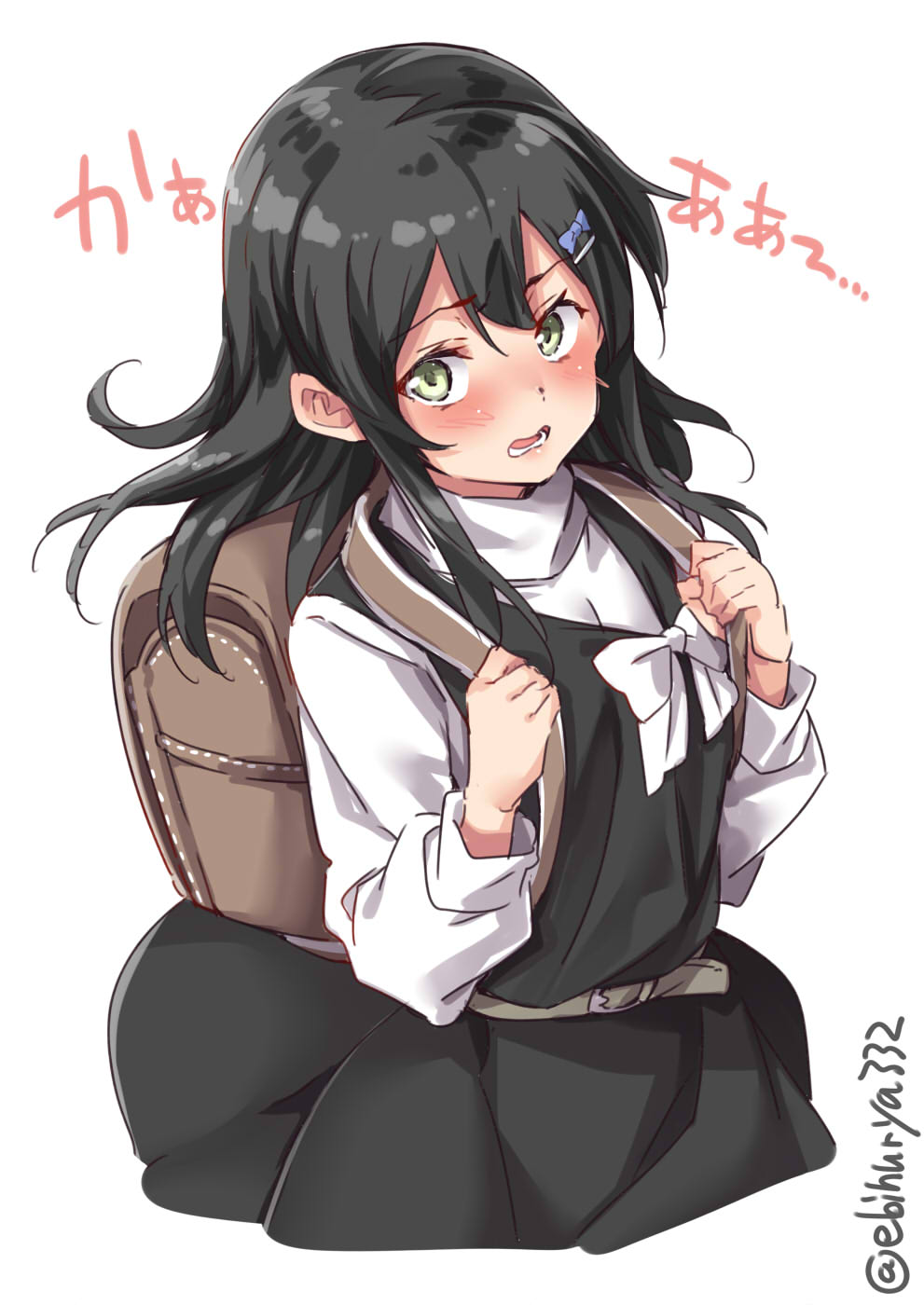 1girl asashio_(kantai_collection) bag black_hair blue_eyes blush dress ebifurya eyebrows_visible_through_hair hair_between_eyes hair_ornament highres kantai_collection long_hair long_sleeves looking_at_viewer open_mouth pinafore_dress school_bag school_uniform shirt simple_background solo translated twitter_username white_background white_shirt