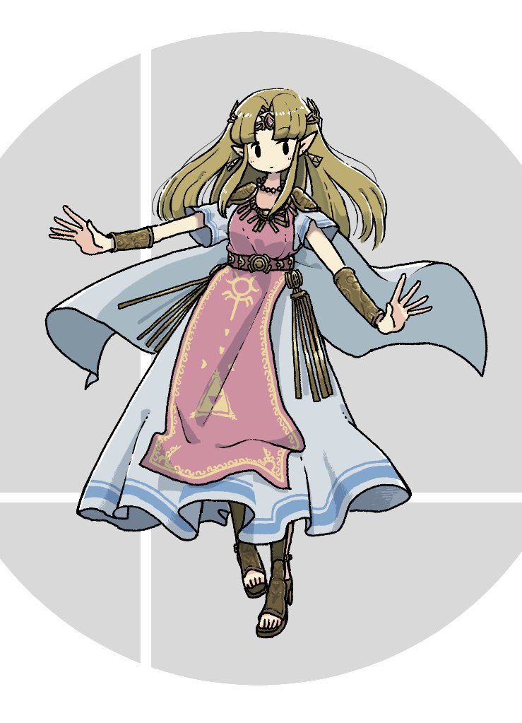 1girl bangs blonde_hair dress earrings expressionless eyebrows_visible_through_hair full_body jewelry long_hair nintendo no_nose open_toe_shoes pointy_ears princess_zelda smash_ball solo super_smash_bros. super_smash_bros._ultimate tameikirakuda the_legend_of_zelda tiara triforce