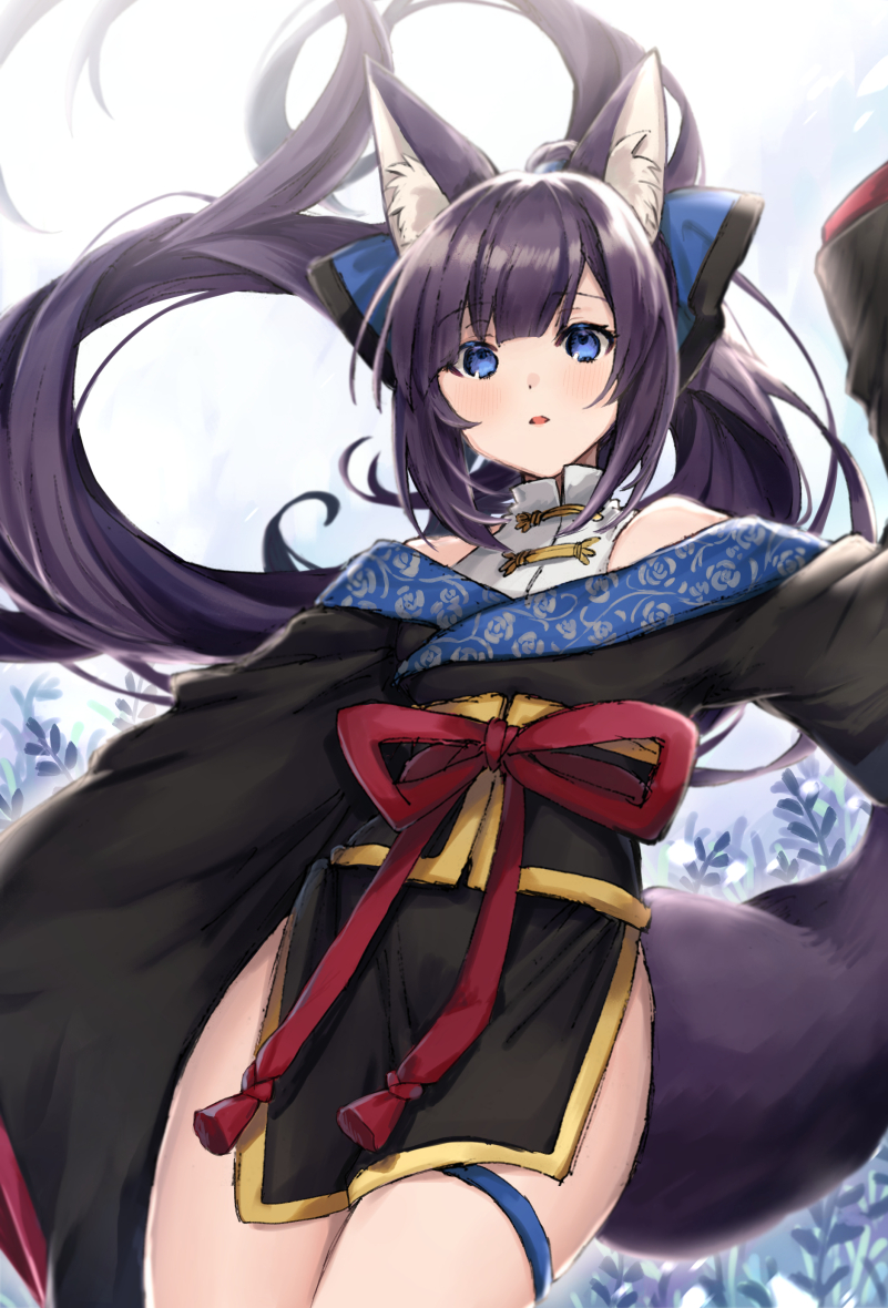 .com_(cu_105) 1girl animal_ear_fluff animal_ears backlighting bare_shoulders blue_bow blue_eyes bow cowboy_shot floating_hair fox_ears fox_girl fox_tail hair_bow japanese_clothes kimono long_hair long_sleeves looking_at_viewer obi original parted_lips pelvic_curtain plant ponytail purple_hair red_ribbon ribbon sash shirt short_kimono side_slit solo standing tail thigh_strap thighs very_long_hair white_background white_shirt wide_sleeves