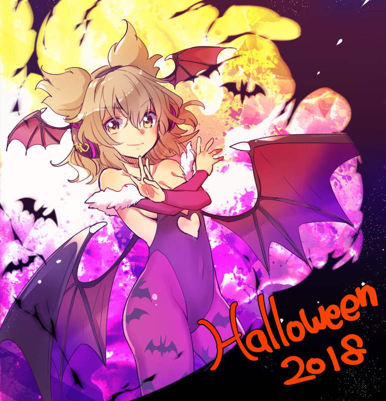 1girl 2018 animal_print bare_shoulders bat bat_print bat_wings breasts brown_eyes brown_hair covered_navel cowboy_shot earmuffs fur_trim groin halloween head_wings heart_cutout leotard long_sleeves looking_at_viewer makuwauri medium_breasts pantyhose pointy_hair purple_legwear short_hair smile solo standing thighs touhou toyosatomimi_no_miko wings x_arms