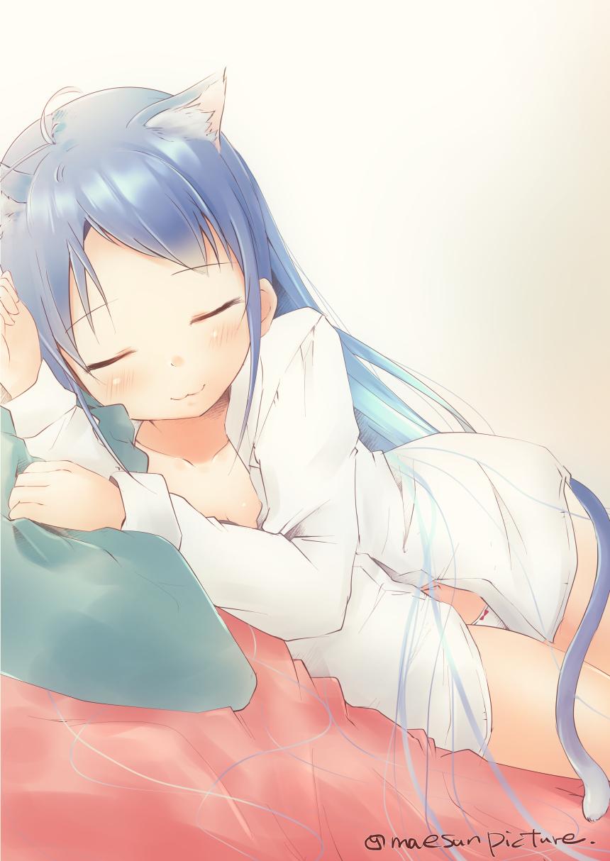 animal_ears artist_name bangs bed blush cat_day cat_ears cat_tail closed_eyes commentary_request eyebrows_visible_through_hair highres kantai_collection long_hair long_sleeves lying mae_(maesanpicture) naked_shirt on_side open_clothes open_shirt panties samidare_(kantai_collection) shirt sleeping swept_bangs tail underwear very_long_hair wavy_mouth white_panties white_shirt