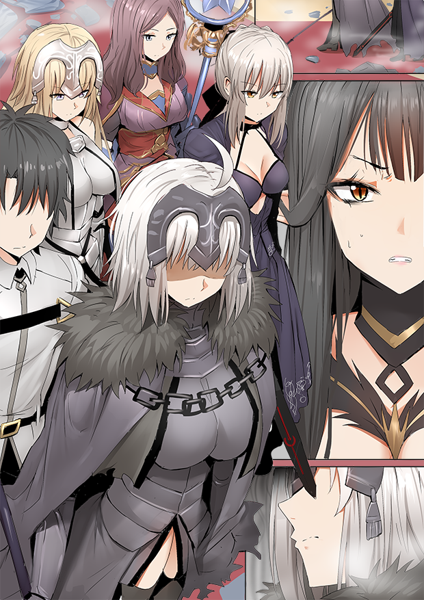 1boy 5girls ahoge armor armored_dress artoria_pendragon_(all) bangs black_dress black_hair blonde_hair blue_eyes blue_gloves braid breasts brown_hair cape chains chaldea_uniform cleavage clenched_teeth closed_mouth debris detached_collar dress fate/grand_order fate_(series) faulds french_braid fujimaru_ritsuka_(male) fur-trimmed_cape fur_collar fur_trim gauntlets ginhaha gloves gothic_lolita hair_bun headpiece holding holding_sword holding_wand holding_weapon jeanne_d'arc_(alter)_(fate) jeanne_d'arc_(fate) jeanne_d'arc_(fate)_(all) large_breasts leonardo_da_vinci_(fate/grand_order) lolita_fashion looking_at_viewer multiple_girls parted_bangs pointy_ears saber_alter semiramis_(fate) shaded_face short_hair sidelocks silver_hair slit_pupils sweatdrop sword teeth thigh-highs thighs wand weapon yellow_eyes