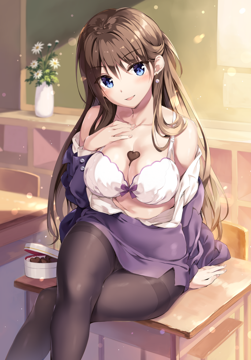 1girl arm_support bare_shoulders between_breasts blue_eyes blurry boku_no_kanojo_sensei box bra breasts brown_hair brown_legwear chair chocolate chocolate_heart cleavage collarbone depth_of_field desk earrings evening fujiki_maka hand_on_own_chest hand_up head_tilt heart indoors jacket jewelry large_breasts legs_crossed light_particles long_hair long_sleeves looking_at_viewer novel_illustration off_shoulder open_clothes open_shirt oryou pantyhose parted_lips plant potted_plant purple_jacket school_chair school_desk shirt sitting smile solo thighband_pantyhose underwear v-shaped_eyebrows white_bra white_shirt