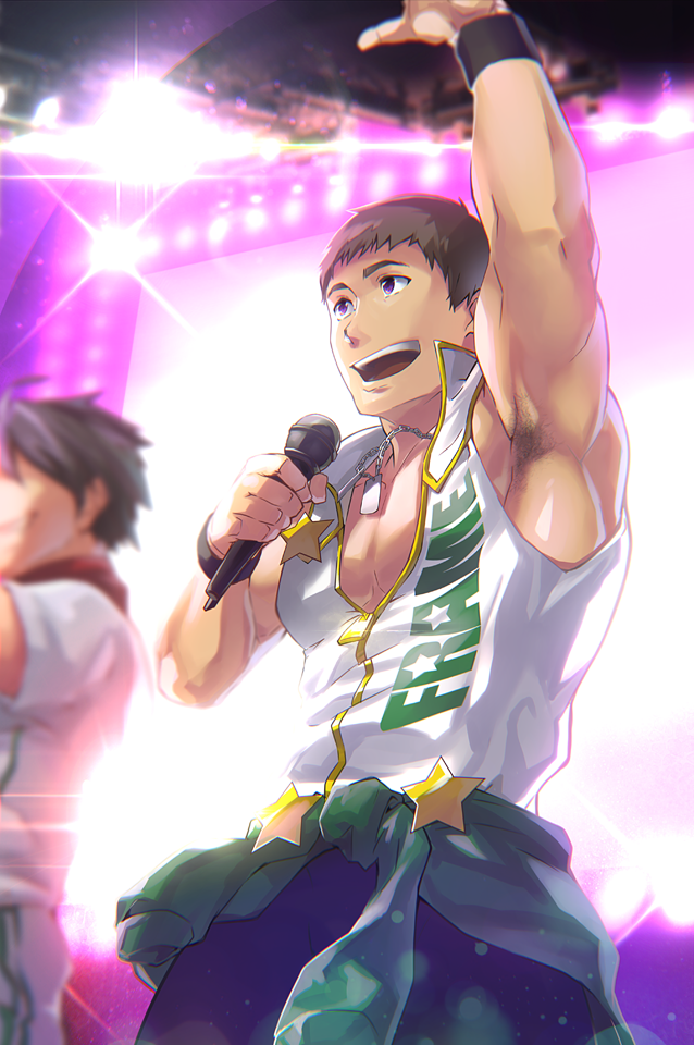 2boys 8_(yamalu) akuno_hideo arm_up armpits chest clothes_around_waist dog_tags frame_(idolmaster) hairy_armpits idol idolmaster idolmaster_side-m jacket_around_waist male_focus microphone multiple_boys muscle open_mouth popped_collar shingen_seiji sleeveless smile solo_focus stage_lights starting_brighty violet_eyes wristband zipper_pull_tab