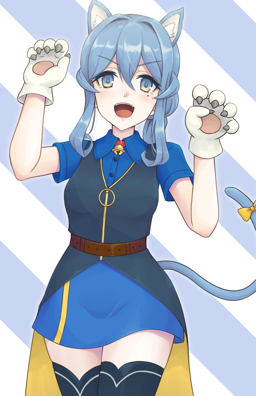 1girl animal_ears bell bell_choker blue_eyes blue_hair blue_shirt blue_skirt cat_day cat_ears cat_tail choker cowboy_shot diagonal-striped_background diagonal_stripes eyebrows_visible_through_hair gloves gotland_(kantai_collection) hair_between_eyes hair_bun highres jingle_bell kantai_collection kemonomimi_mode kodama_(user_rnfr3534) long_hair looking_at_viewer military military_uniform mole mole_under_eye paw_gloves paw_pose paws remodel_(kantai_collection) shirt short_sleeves skirt solo standing striped striped_background tail thigh-highs uniform