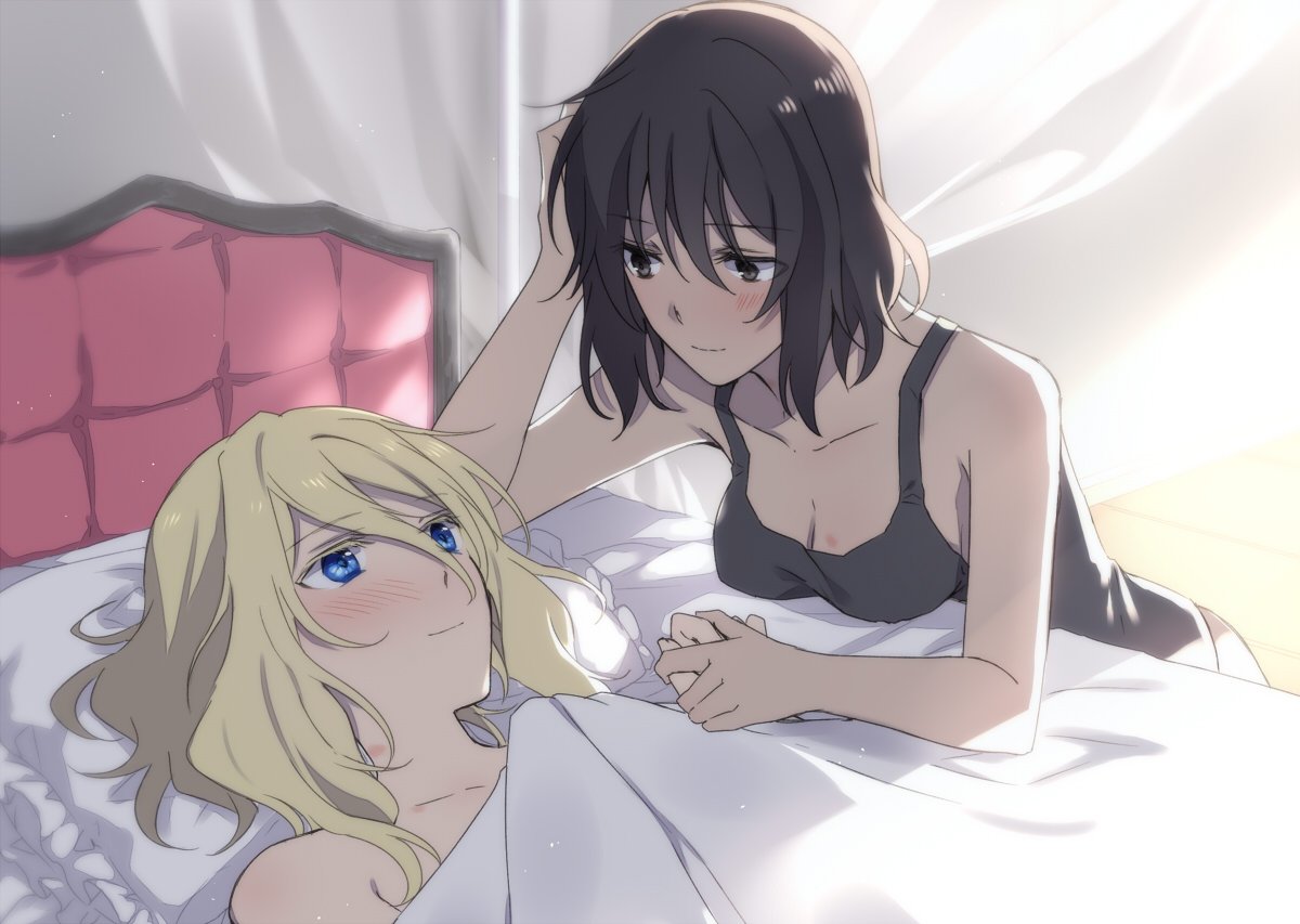 2girls amazuki_jou andou_(girls_und_panzer) bed_sheet black_footwear black_hair blonde_hair blue_eyes blush breast_rest breasts brown_eyes closed_mouth commentary_request dark_skin elbow_rest eyebrows_visible_through_hair eyelashes girls_und_panzer hand_holding hand_in_hair kneeling leaning_forward looking_at_another lying medium_breasts medium_hair messy_hair multiple_girls nude on_back oshida_(girls_und_panzer) pillow smile sunlight tank_top under_covers yuri