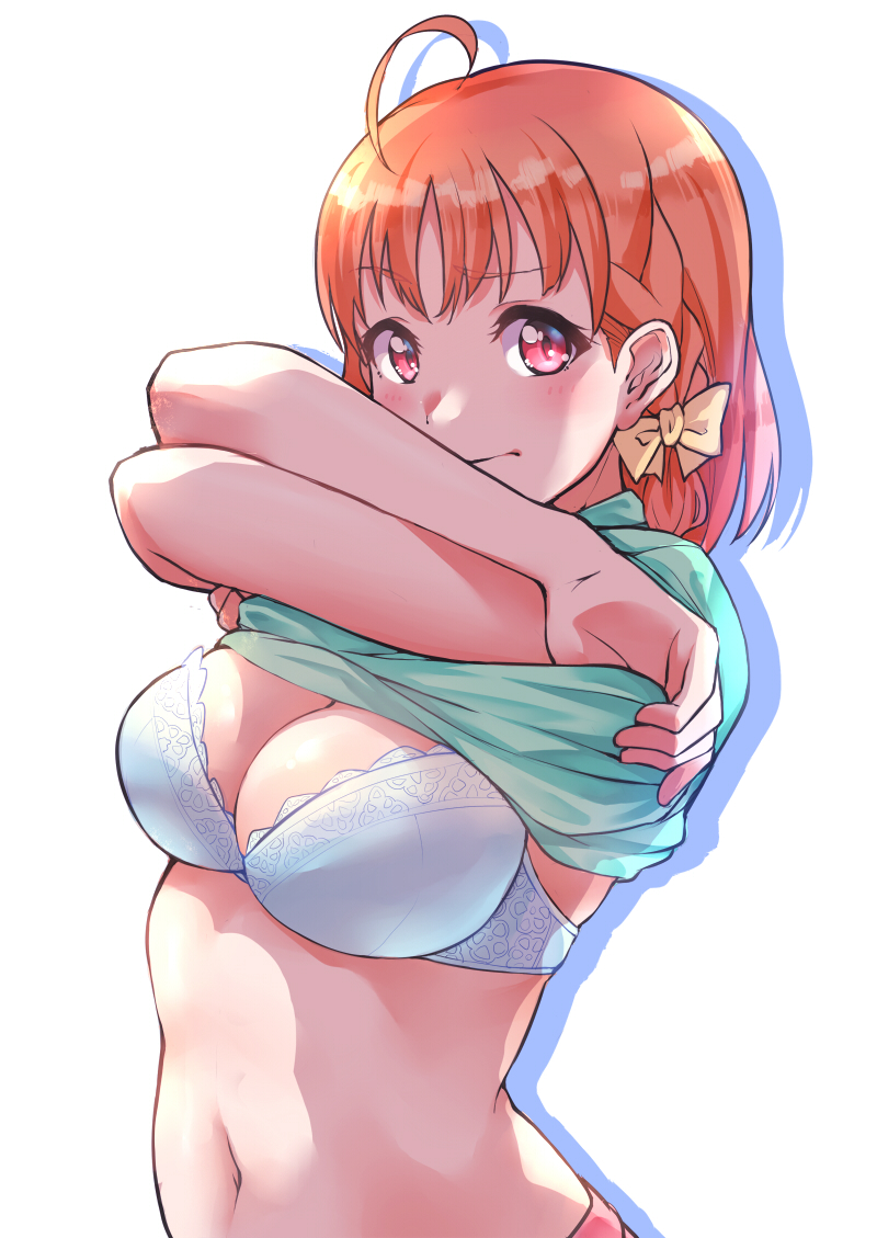 1girl ahoge aqua_shirt bangs blue_bra bow bra braid breasts crossed_arms drop_shadow hair_bow kanabun large_breasts lifted_by_self looking_at_viewer love_live! love_live!_sunshine!! navel orange_hair red_eyes shirt shirt_lift short_hair side_braid solo stomach takami_chika underwear undressing upper_body white_background yellow_bow