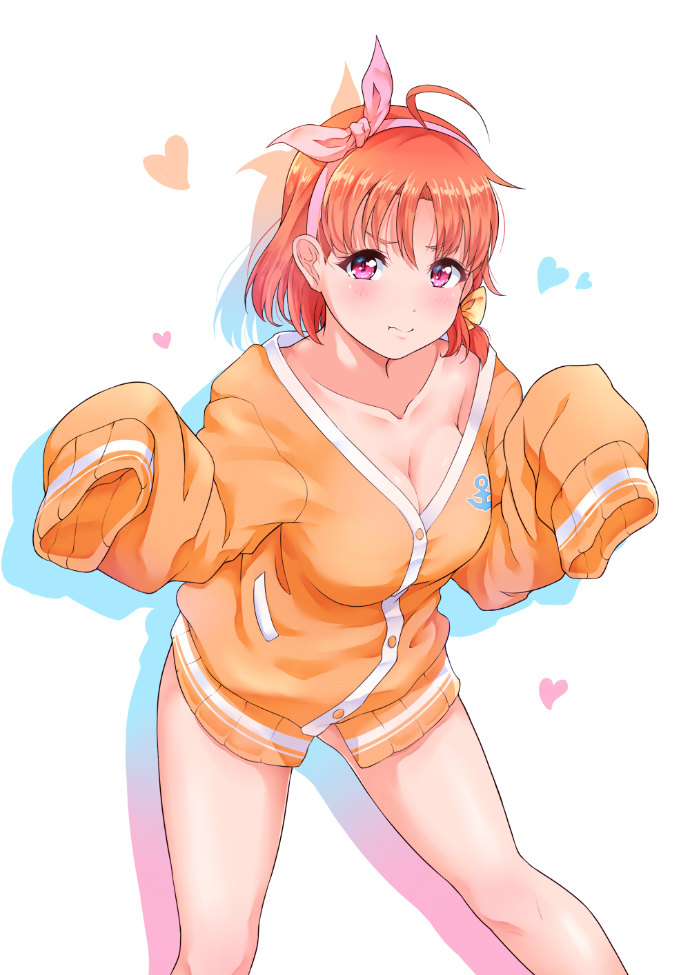 1girl ahoge anchor_symbol bangs biting blush bow breasts cardigan cleavage collarbone drop_shadow hair_bow hair_ribbon hairband heart highres kanabun large_breasts lip_biting looking_at_viewer love_live! love_live!_sunshine!! naked_cardigan orange_cardigan orange_hair oversized_clothes pink_ribbon red_eyes ribbon short_hair sleeves_past_fingers sleeves_past_wrists solo takami_chika white_background yellow_bow