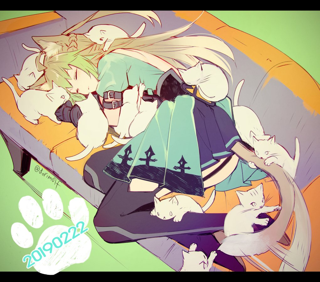 1girl ahoge animal_ears atalanta_(fate) backless_outfit cat cat_day couch dated fate/apocrypha fate_(series) garter_straps gloves gradient_hair miyuki_ruria multicolored_hair paw_print sleeping sleeping_on_person tail tail_wagging too_many too_many_cats