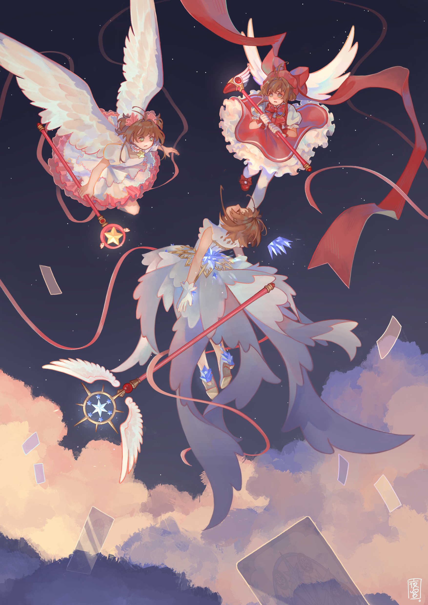 3girls absurdres angel_wings antenna_hair bangs bow brown_hair card card_captor_sakura choker clear_card clouds commentary dress falling feathered_wings flying frilled_dress frills fuuin_no_tsue gloves green_eyes hair_ornament hat hat_ribbon highres holding holding_wand hoshi_no_tsue kinomoto_sakura layered_dress magical_girl multiple_girls multiple_persona night night_sky pink_ribbon puffy_short_sleeves puffy_sleeves red_bow red_dress red_footwear red_ribbon ribbon short_hair short_sleeves short_twintails sidelocks sky sophie_usui star star_(sky) star_choker twintails wand white_dress white_gloves white_wings wings yume_no_tsue