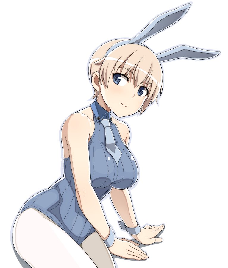 1girl animal_ears arm_support blonde_hair blue_eyes blue_leotard blue_neckwear brave_witches breasts collared_leotard commentary eyebrows_visible_through_hair fake_animal_ears halterneck large_breasts leaning_to_the_side leotard looking_at_viewer nanashino necktie nikka_edvardine_katajainen pantyhose rabbit_ears ribbed_leotard shadow short_hair simple_background sitting solo thighs very_short_hair white_background white_legwear world_witches_series wrist_cuffs