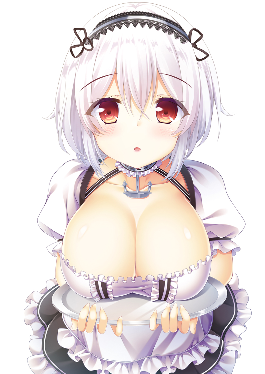 1girl anchor apron azur_lane bangs black_skirt blush breast_rest breasts breasts_on_tray brown_eyes carried_breast_rest center_frills cleavage collarbone commentary_request eyebrows_visible_through_hair fingernails frilled_apron frills hair_between_eyes highres holding holding_tray large_breasts looking_at_viewer moyasi06_25 parted_lips puffy_short_sleeves puffy_sleeves shirt short_sleeves simple_background sirius_(azur_lane) skirt solo tray waist_apron white_apron white_background white_hair white_shirt