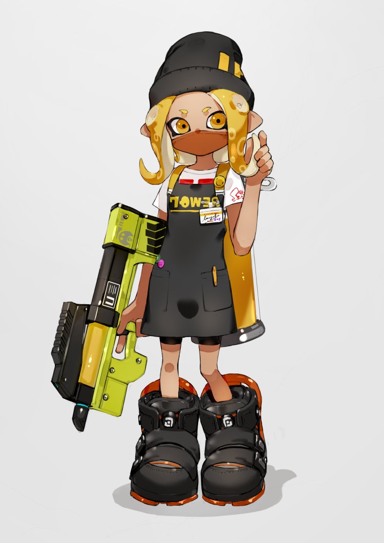 1girl apron badge beanie black_apron black_footwear black_hat boots dark_skin face_mask full_body grey_background hand_in_hair hat hero_shot_(splatoon_2) holding holding_weapon ink_tank_(splatoon) inkling_(language) logo looking_at_viewer makeup mascara mask name_tag neco octoling orange_eyes orange_hair pointy_ears print_hat print_shirt shadow shirt simple_background solo splatoon splatoon_(series) splatoon_2 standing tentacle_hair trigger_discipline weapon white_shirt