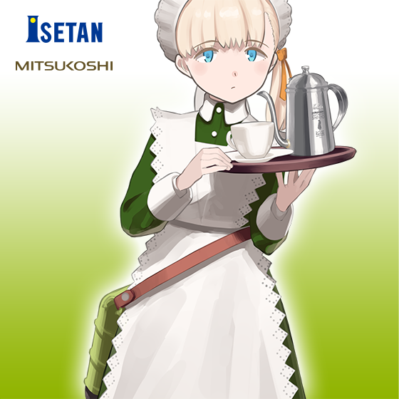 1girl alternate_costume apron bangs blonde_hair blue_eyes blunt_bangs cup dress enmaided frilled_apron frills gradient gradient_background green_background green_dress hair_ornament hair_ribbon isetan_(department_store) kantai_collection logo long_hair looking_at_viewer maid maid_headdress mitsukoshi_(department_store) official_art ribbon saucer shibafu_(glock23) shin'you_(kantai_collection) side_ponytail solo teacup teapot tray white_apron yellow_ribbon