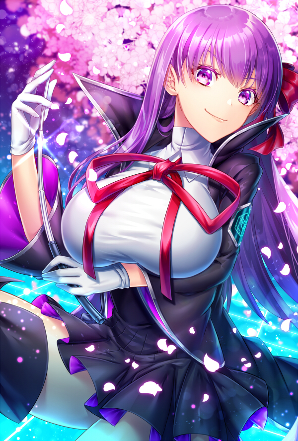 1girl bangs bb_(fate)_(all) bb_(fate/extra_ccc) black_coat black_legwear breasts closed_mouth fate/extra fate/extra_ccc fate_(series) gloves hair_between_eyes hair_ribbon high-waist_skirt kamuinii large_breasts long_hair long_sleeves looking_at_viewer neck_ribbon petals popped_collar purple_hair red_ribbon ribbon skirt smile solo thighs violet_eyes wand white_gloves