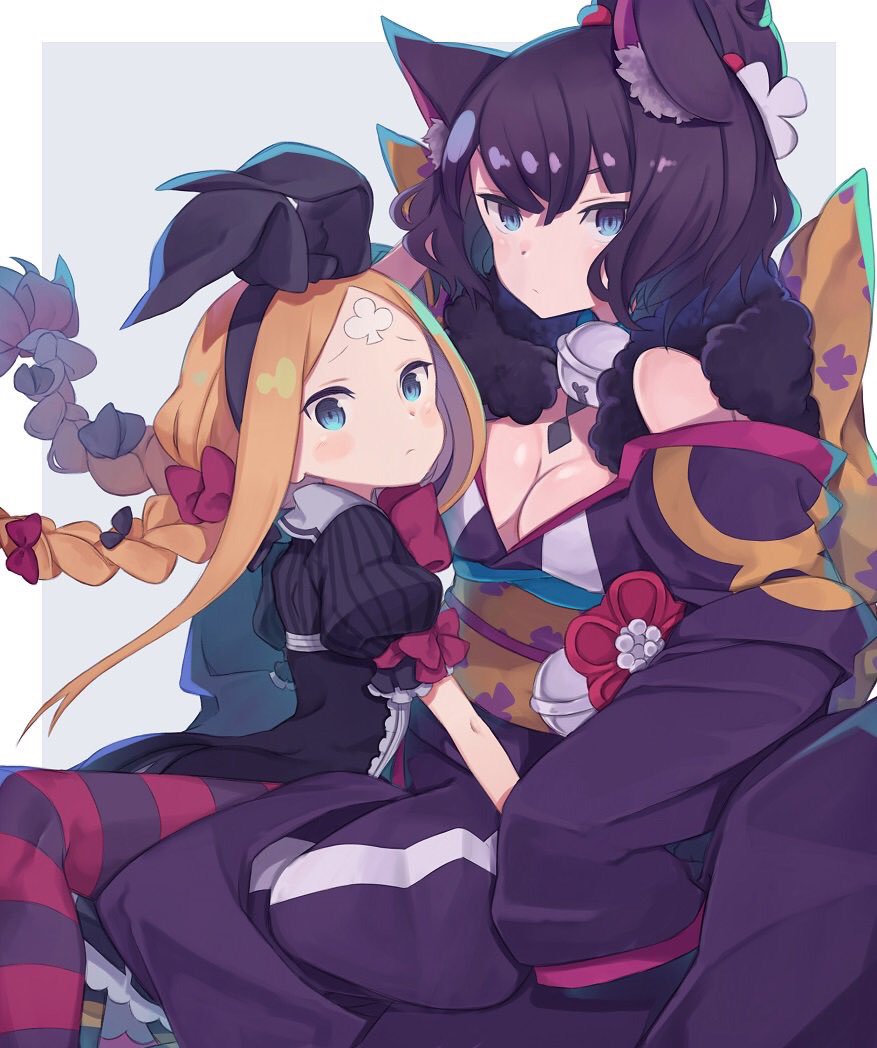 2girls abigail_williams_(fate/grand_order) age_difference animal_ear_fluff animal_ears bangs bell black_bow black_dress black_hair blonde_hair blush bow braid breasts cat_ears cat_girl character_request child cleavage commentary_request dress fate/grand_order fate_(series) flower fur_trim green_eyes hair_between_eyes hair_bow hair_ornament hair_ribbon hairband japanese_clothes kimono long_hair long_sleeves looking_at_viewer multiple_girls off_shoulder parted_bangs puffy_sleeves red_bow ribbon short_hair short_sleeves sleeves_past_fingers sleeves_past_wrists thigh-highs totatokeke twin_braids wide_sleeves