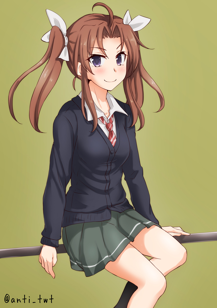 1girl alternate_costume anti_(untea9) bar black_cardigan black_legwear brown_hair cardigan commentary_request feet_out_of_frame gradient gradient_background green_background grey_skirt hair_ribbon highres kagerou_(kantai_collection) kantai_collection kneehighs long_hair looking_at_viewer pleated_skirt red_neckwear remodel_(kantai_collection) ribbon school_uniform sitting skirt smile solo striped striped_neckwear twintails twitter_username violet_eyes white_ribbon