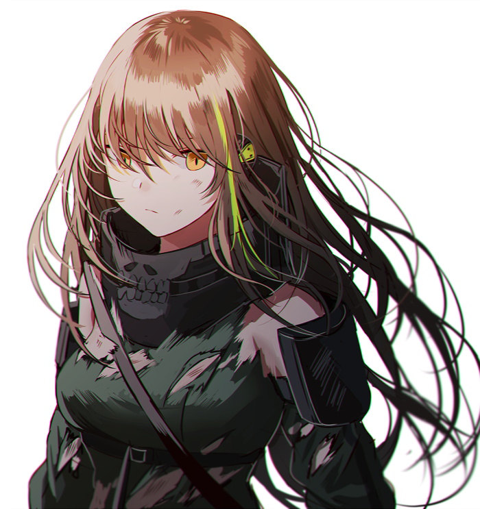 1girl arm_guards bangs brown_hair girls_frontline green_hair green_sweater hair_between_eyes headphones long_hair looking_at_viewer m4a1_(girls_frontline) multicolored_hair silence_girl skull_print solo streaked_hair sweater torn_clothes upper_body white_background yellow_eyes