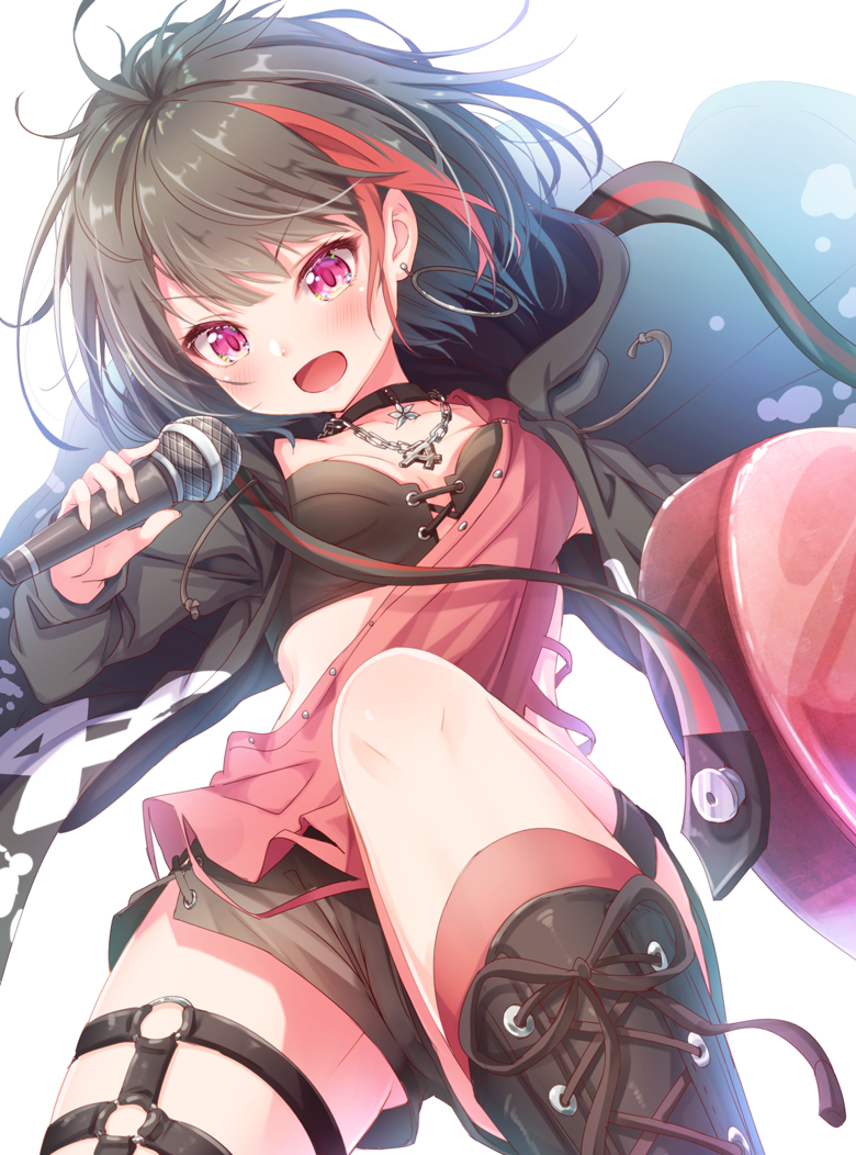 1girl :d bang_dream! black_choker black_hair black_jacket black_shorts blush boots breasts brown_footwear chains choker collarbone commentary_request cross-laced_footwear fingernails holding holding_microphone hood hood_down hooded_jacket jacket knee_boots kneehighs lace-up_boots matokechi microphone mitake_ran multicolored_hair open_clothes open_jacket open_mouth red_legwear redhead short_shorts shorts simple_background small_breasts smile solo streaked_hair violet_eyes white_background