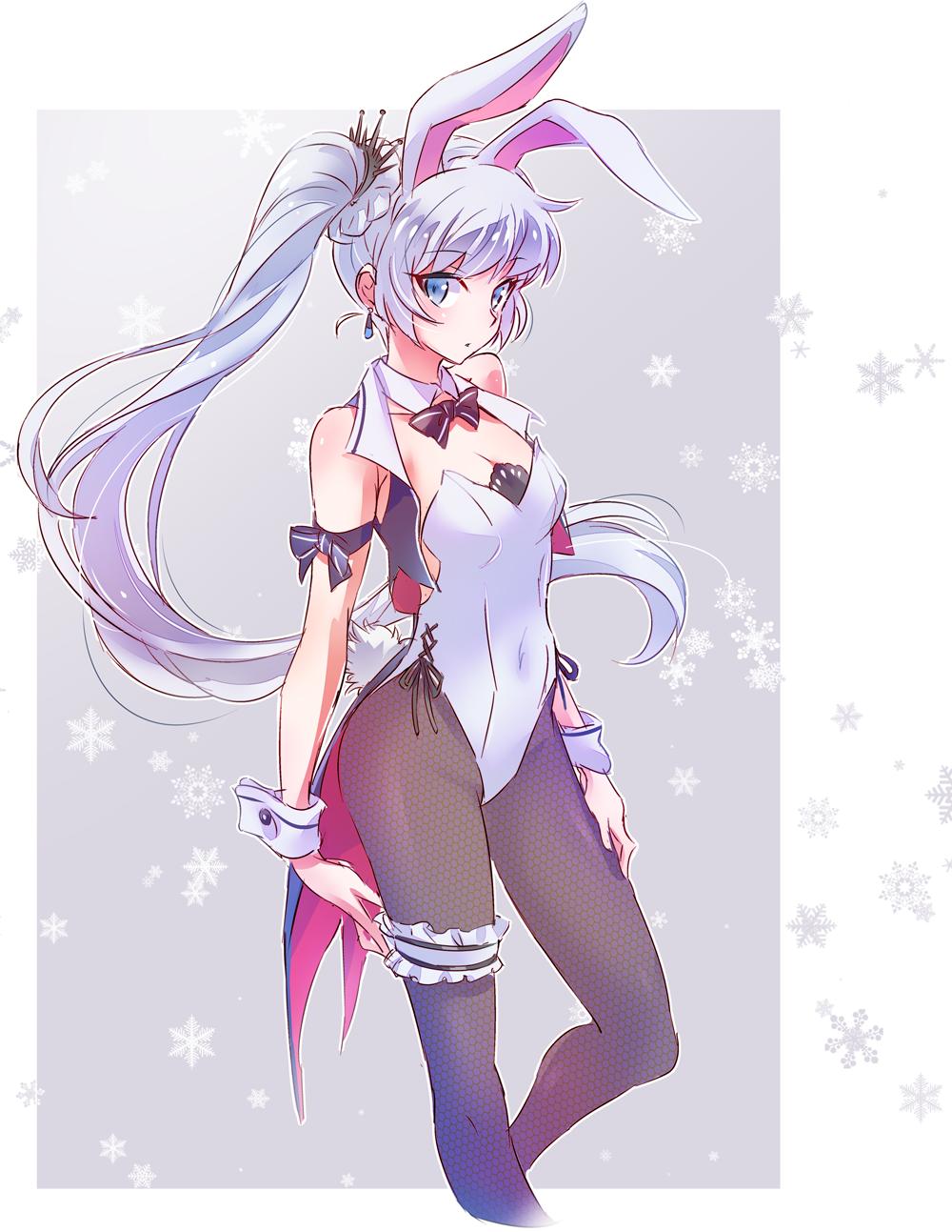 1girl animal_ears arm_ribbon bare_shoulders blue_eyes bow bowtie breasts bunny_girl bunny_tail bunnysuit cleavage coattails covered_navel cropped_jacket detached_collar earrings fake_animal_ears fishnet_pantyhose fishnets highres iesupa jewelry leotard long_hair pantyhose ponytail rabbit_ears ribbon rwby scar scar_across_eye side_ponytail single_garter solo strapless strapless_leotard tail tiara weiss_schnee white_hair white_leotard wrist_cuffs