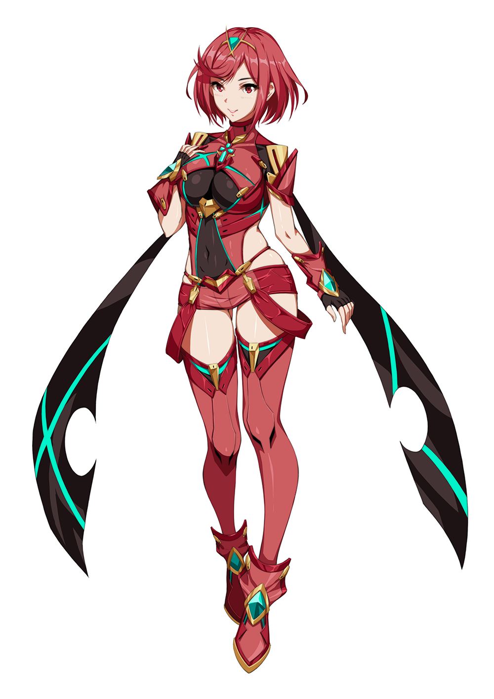 1girl armor bangs breasts earrings eiba_(pixiv4386678) fingerless_gloves gem gloves hair_ornament headpiece highres jewelry large_breasts looking_at_viewer nintendo pose red_eyes red_shorts redhead short_hair short_shorts shorts simple_background smile solo swept_bangs tiara white_background xenoblade_(series) xenoblade_2