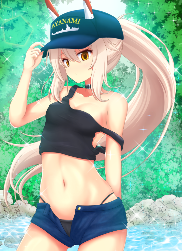 1girl alternate_costume arm_up ayanami_(azur_lane) azur_lane bangs bare_arms bare_shoulders baseball_cap black_bikini_bottom black_tank_top blue_hat blue_shorts blush breasts brown_eyes closed_mouth collarbone commentary_request cowboy_shot day eyebrows_visible_through_hair fingernails hair_between_eyes hand_on_headwear hat headgear high_ponytail insider_(pix_insider) light_brown_hair long_hair looking_at_viewer navel open_clothes open_fly open_shorts outdoors ponytail river short_shorts shorts small_breasts solo strap_slip sunlight tank_top very_long_hair water