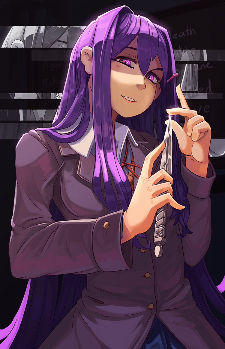 1girl collar doki_doki_literature_club hair_between_eyes holding holding_knife knife limited-access long_hair long_sleeves neck_ribbon purple_hair ribbon school_uniform violet_eyes white_collar yuri_(doki_doki_literature_club)