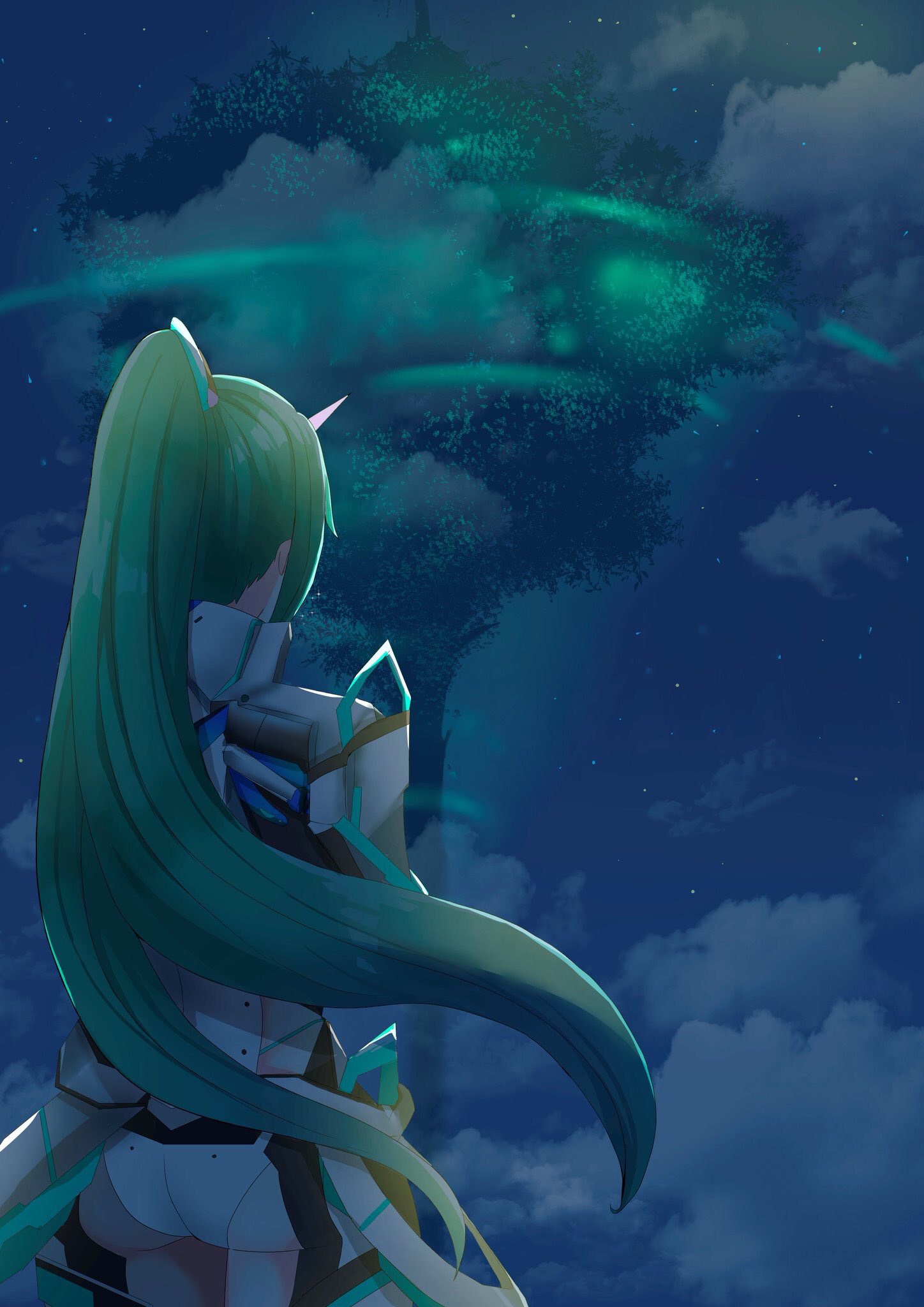 1girl armor ass back green_hair hair_ornament headpiece highres long_hair nano_mik nintendo pneuma_(xenoblade) ponytail solo spoilers tiara very_long_hair xenoblade_(series) xenoblade_2