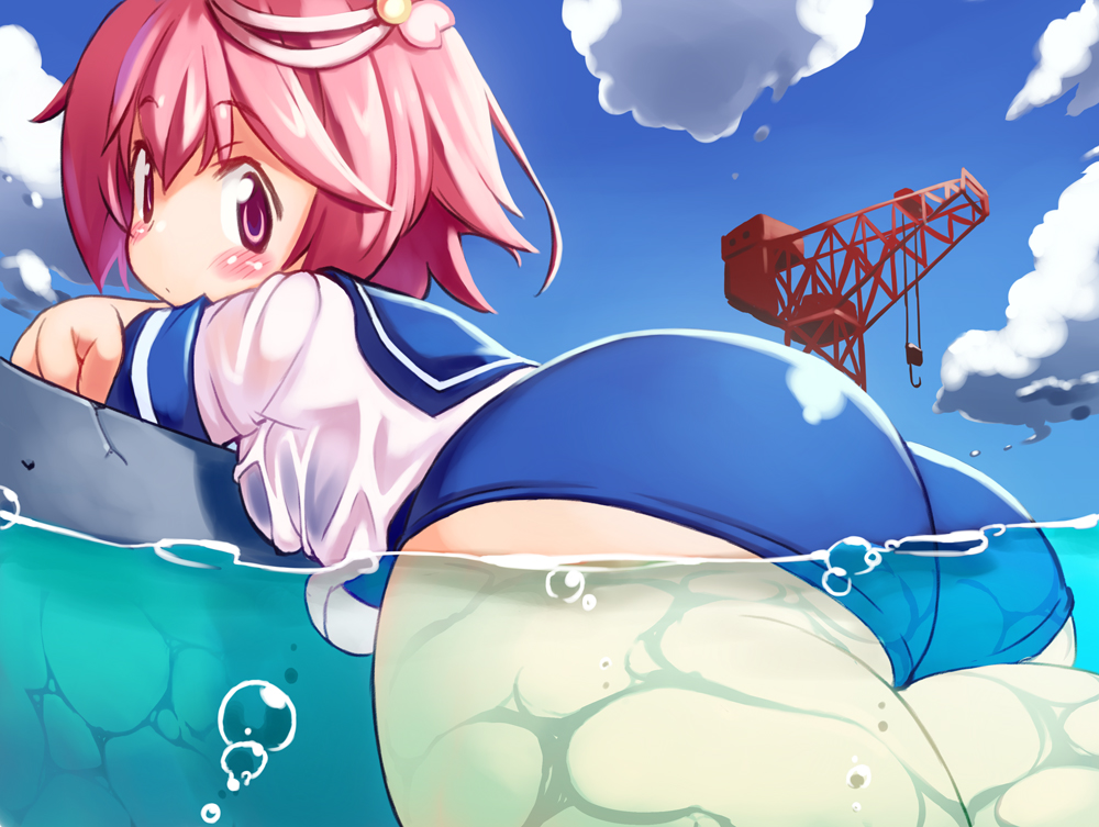 1girl air_bubble ass blue_sailor_collar blue_sky blue_swimsuit blush breasts bubble clouds cloudy_sky crane crossed_arms curvy day eyebrows_visible_through_hair hair_between_eyes hair_ornament huge_ass i-58_(kantai_collection) kantai_collection light_brown_hair looking_at_viewer looking_to_the_side neckerchief ocean one-piece_swimsuit outdoors partially_submerged pink_eyes pink_hair plump sailor_collar school_swimsuit school_uniform serafuku shipyard shirt short_hair sky small_breasts solo swimsuit swimsuit_under_clothes thick_thighs thighs wet wet_clothes white_shirt yu_3