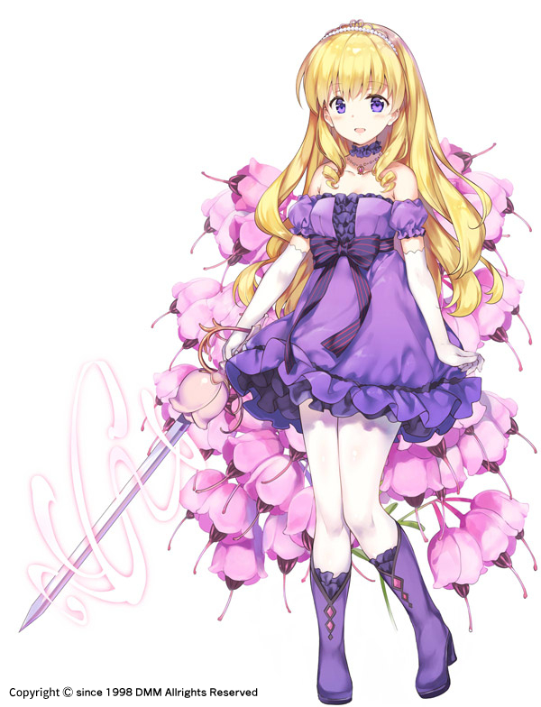 1girl :d bangs bare_shoulders blonde_hair blush boots bow choker collarbone commentary_request detached_sleeves dress elbow_gloves eyebrows_visible_through_hair flower flower_knight_girl frilled_dress frills full_body gloves high_heel_boots high_heels holding holding_sword holding_weapon janome_erika_(flower_knight_girl) jewelry knee_boots long_hair looking_at_viewer necklace object_namesake official_art open_mouth pantyhose pink_flower puffy_short_sleeves puffy_sleeves purple_bow purple_dress purple_footwear purple_neckwear purple_sleeves rapier rei_(rei's_room) short_sleeves simple_background smile solo standing standing_on_one_leg strapless strapless_dress striped striped_bow sword tiara very_long_hair violet_eyes weapon white_background white_gloves white_legwear