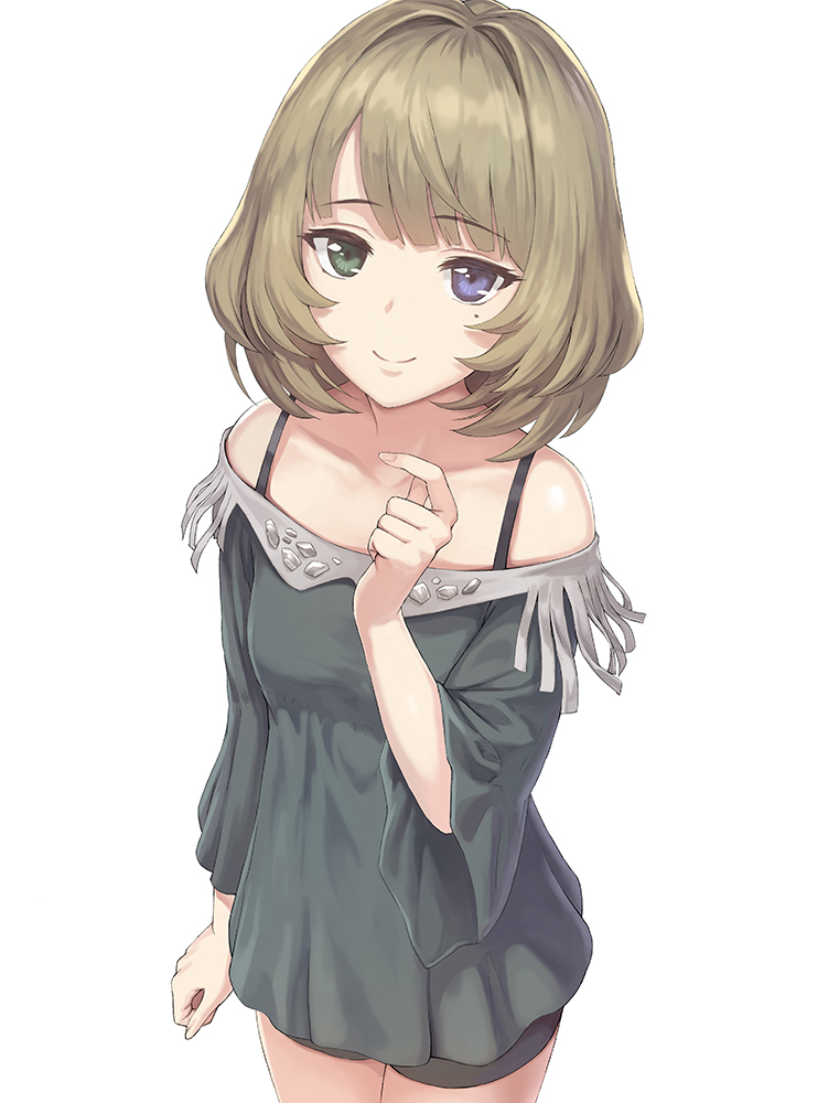 1girl bare_shoulders bike_shorts black_shorts blue_eyes bra_strap breasts brown_hair closed_mouth collarbone commentary_request cowboy_shot dress green_dress green_eyes hand_up heterochromia idolmaster idolmaster_cinderella_girls long_sleeves looking_at_viewer meto31 mole mole_under_eye off-shoulder_dress off_shoulder short_hair shorts simple_background small_breasts smile solo standing takagaki_kaede white_background wide_sleeves