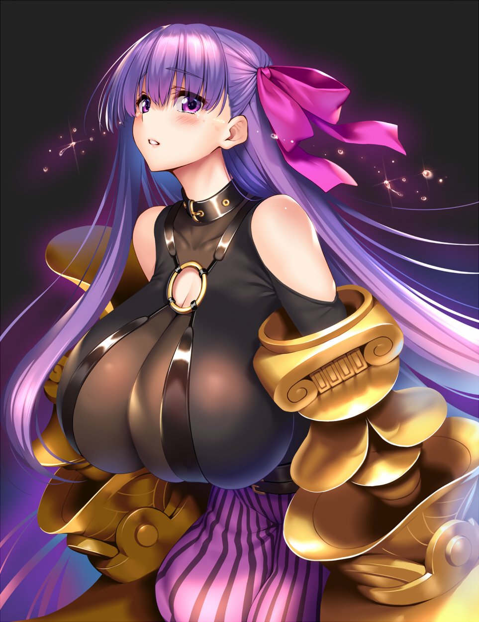 1girl bangs bare_shoulders belt blush breasts cleavage collar eyebrows_visible_through_hair fate/extra fate/extra_ccc fate/grand_order fate_(series) hair_ribbon highres huge_breasts large_breasts lips long_hair o-ring o-ring_top open_mouth passion_lip piromizu purple_hair purple_ribbon ribbon solo tears teeth violet_eyes