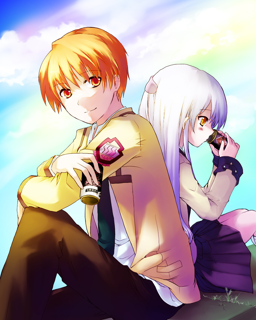 1boy 1girl angel_beats! back-to-back bangs blazer clouds drinking eyebrows_visible_through_hair hair_ornament highres holding_drink jacket key_(company) knee_to_chest long_hair long_sleeves looking_at_viewer myaaco necktie orange_eyes orange_hair otonashi_(angel_beats!) school_uniform shinda_sekai_sensen_uniform shirt silver_hair simple_background sitting skirt sky smile tachibana_kanade uniform yellow_eyes