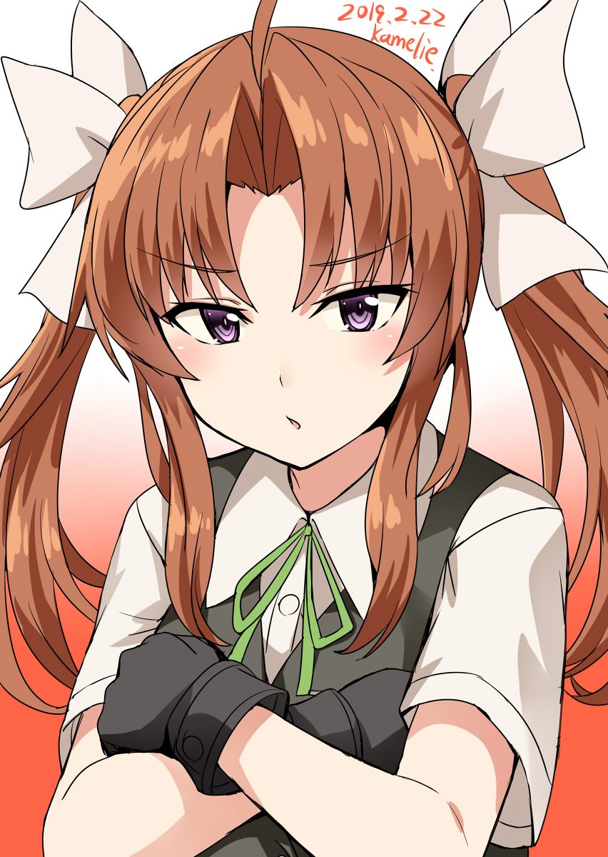 1girl ahoge artist_name black_gloves black_vest brown_hair commentary_request crossed_arms dated gloves gradient gradient_background green_ribbon hair_ribbon highres kagerou_(kantai_collection) kamelie kantai_collection long_hair looking_at_viewer neck_ribbon orange_background remodel_(kantai_collection) ribbon school_uniform shirt short_sleeves solo twintails upper_body vest violet_eyes white_background white_ribbon white_shirt