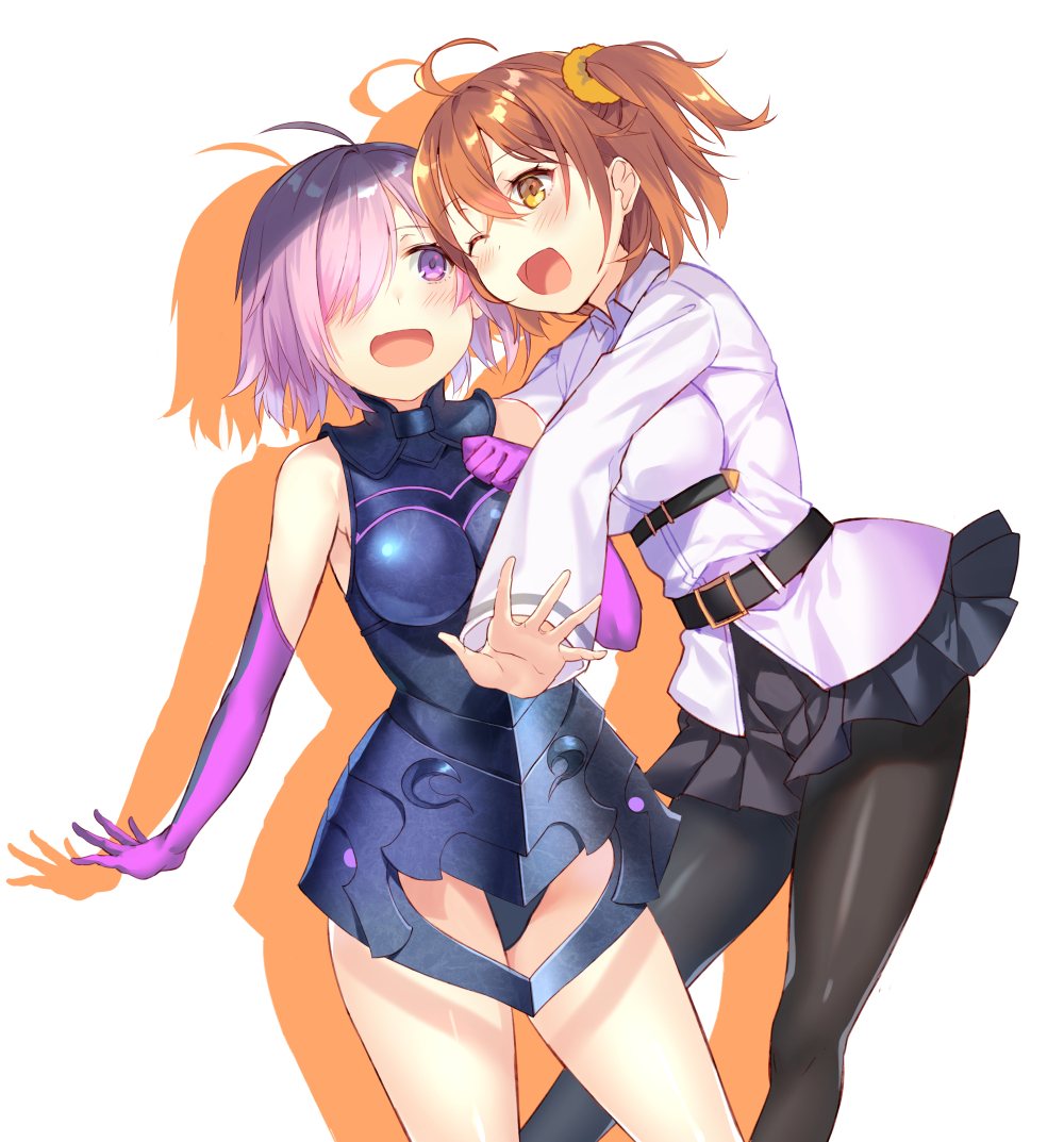 2girls :d ahoge armored_leotard black_legwear black_leotard black_skirt blush breasts breasts_apart brown_hair elbow_gloves fate/grand_order fate_(series) fujimaru_ritsuka_(female) gloves hair_between_eyes hair_over_one_eye jacket leotard long_sleeves mash_kyrielight miniskirt multiple_girls open_mouth outstretched_arm pantyhose pink_hair pleated_skirt purple_gloves shadow shiny shiny_clothes shiny_hair short_hair simple_background skirt smile violet_eyes white_background white_jacket yellow_eyes yuraiko