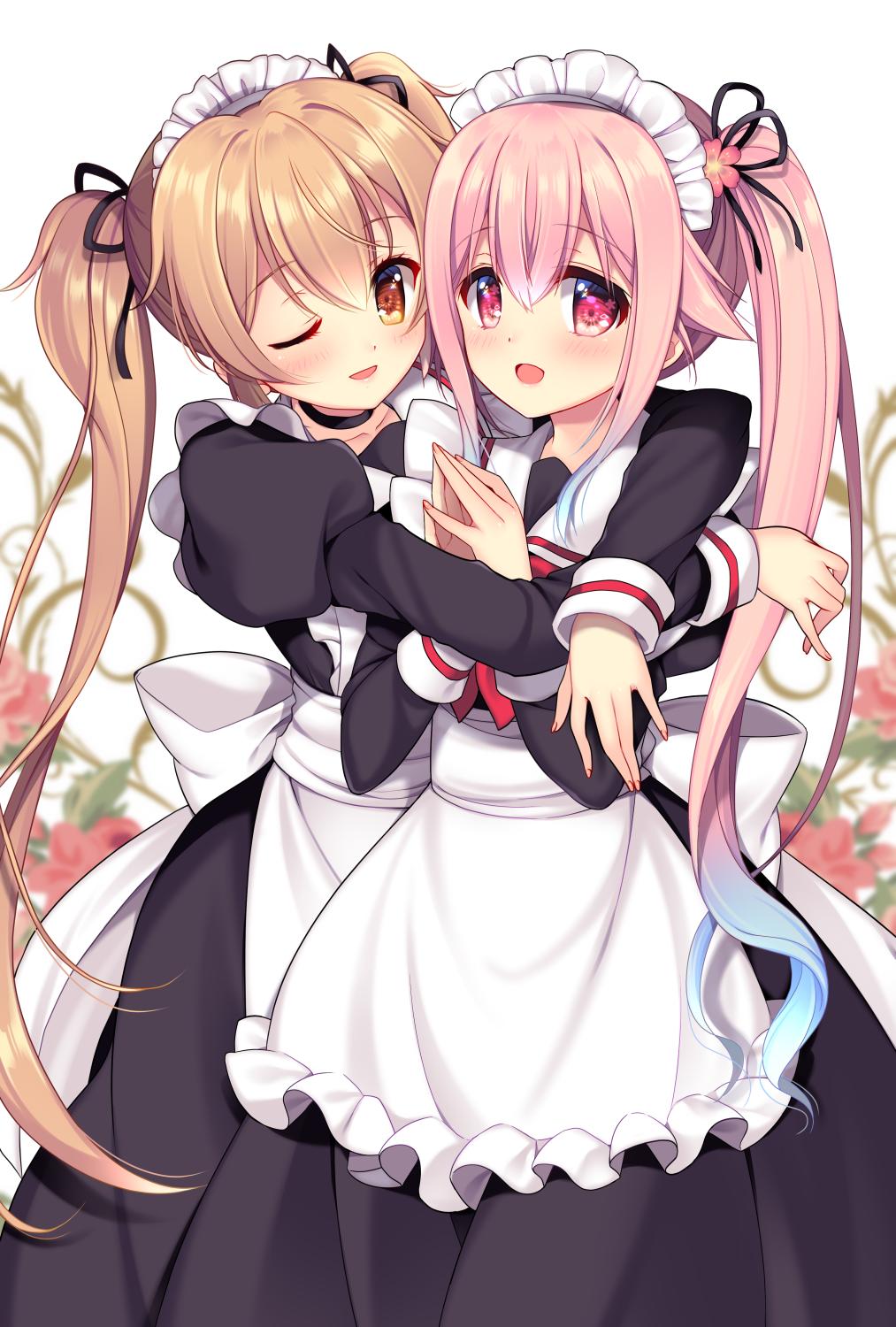 2girls adapted_costume alternate_costume apron bangs black_collar black_dress black_ribbon blonde_hair blue_hair blush collar commentary_request dress enmaided eyebrows_visible_through_hair gradient_hair hair_between_eyes hair_flaps hair_ribbon hands_together harusame_(kantai_collection) highres hug kantai_collection looking_at_viewer maid maid_apron maid_headdress multicolored_hair multiple_girls murasame_(kantai_collection) one_eye_closed open_mouth orange_eyes pink_eyes pink_hair ribbon ringo_sui side_ponytail sidelocks twintails