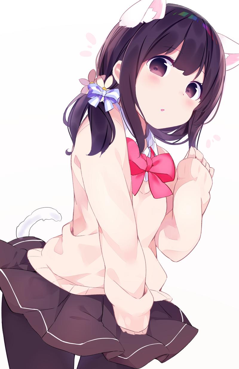 1girl animal_ear_fluff animal_ears black_legwear blue_bow bow brown_eyes brown_hair brown_skirt brown_sweater cat_day cat_ears cat_girl cat_tail chikuwa. collared_shirt commentary_request flower hair_bow hair_flower hair_ornament highres long_hair long_sleeves low_twintails original pantyhose pleated_skirt red_bow shirt simple_background skirt sleeves_past_wrists solo striped striped_bow sweater tail twintails white_background white_flower white_shirt