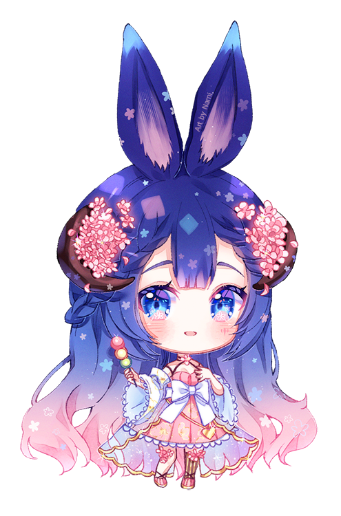 1girl :d animal_ears asymmetrical_legwear big_head blue_eyes blue_hair blush bow breasts brown_legwear chibi commentary commission curled_horns dango dress flower food full_body gradient_hair hair_flower hair_ornament hands_up holding holding_food long_hair long_sleeves looking_at_viewer multicolored_hair natsumii_chan open_mouth original pink_dress pink_flower pink_footwear pink_hair pleated_dress rabbit_ears sanshoku_dango see-through shoes simple_background single_thighhigh small_breasts smile solo standing striped striped_footwear striped_legwear thigh-highs vertical-striped_legwear vertical_stripes very_long_hair wagashi white_background white_bow wide_sleeves