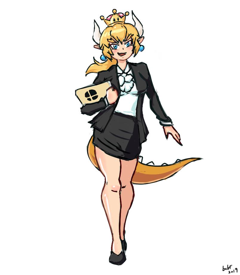 1girl blonde_hair blue17844280 blue_eyes bowsette business_suit coat earrings folder formal horns jewelry super_mario_bros. nintendo open_clothes open_coat skirt suit super_crown tail