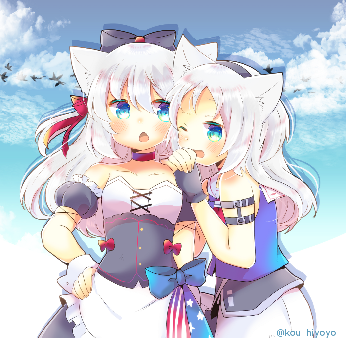 2girls animal_ear_fluff animal_ears apron azur_lane bangs bird black_bow black_dress black_gloves black_hairband black_sleeves blue_eyes blue_shirt blue_sky blush bow breasts cat_ears character_request clouds cloudy_sky collarbone commentary_request day detached_sleeves dress eyebrows_visible_through_hair fingerless_gloves fingernails frilled_apron frills gloves hair_between_eyes hair_bow hairband hammann_(azur_lane) hand_on_hip kouu_hiyoyo long_hair multiple_girls one_eye_closed one_side_up open_mouth outdoors puffy_short_sleeves puffy_sleeves red_bow remodel_(azur_lane) sailor_collar shirt short_sleeves sky sleeveless sleeveless_shirt small_breasts strapless strapless_dress twitter_username waist_apron white_apron white_hair white_sailor_collar wrist_cuffs