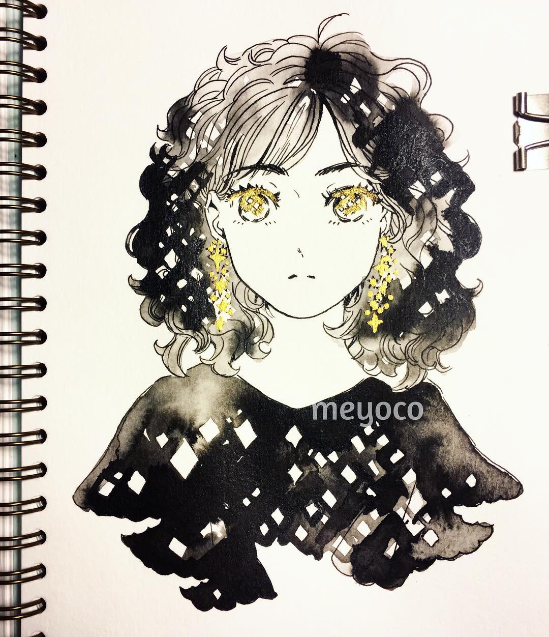 1girl artist_name bangs binder_clip black_hair cropped_torso earrings eyebrows_visible_through_hair grey_hair highres inktober jewelry limited_palette looking_at_viewer medium_hair meyoco original photo portrait solo spot_color star traditional_media yellow_eyes