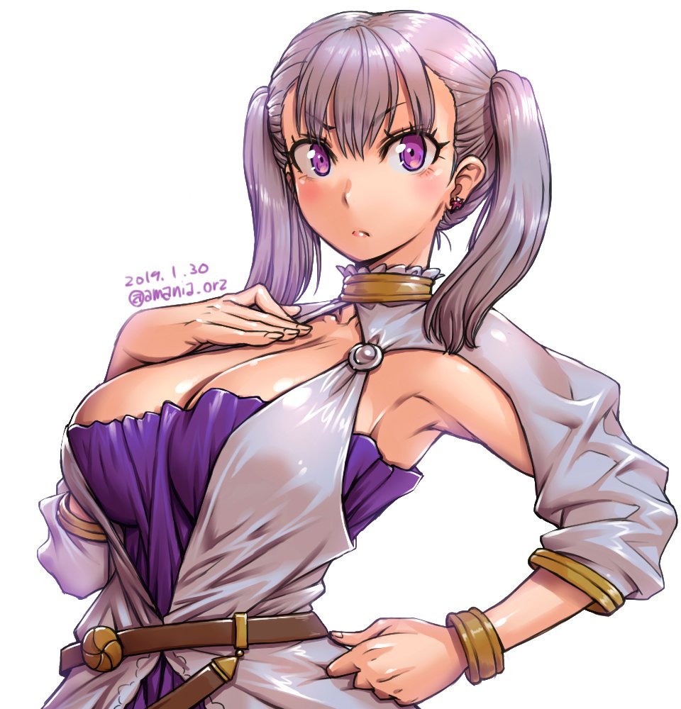1girl amania_orz armpits belt black_clover blush bracelet breasts cleavage collarbone commentary_request dated earrings eyebrows_behind_hair frown hand_on_hip hand_on_own_chest jewelry large_breasts noelle_silva short_twintails silver_hair simple_background solo twintails twitter_username upper_body violet_eyes white_background