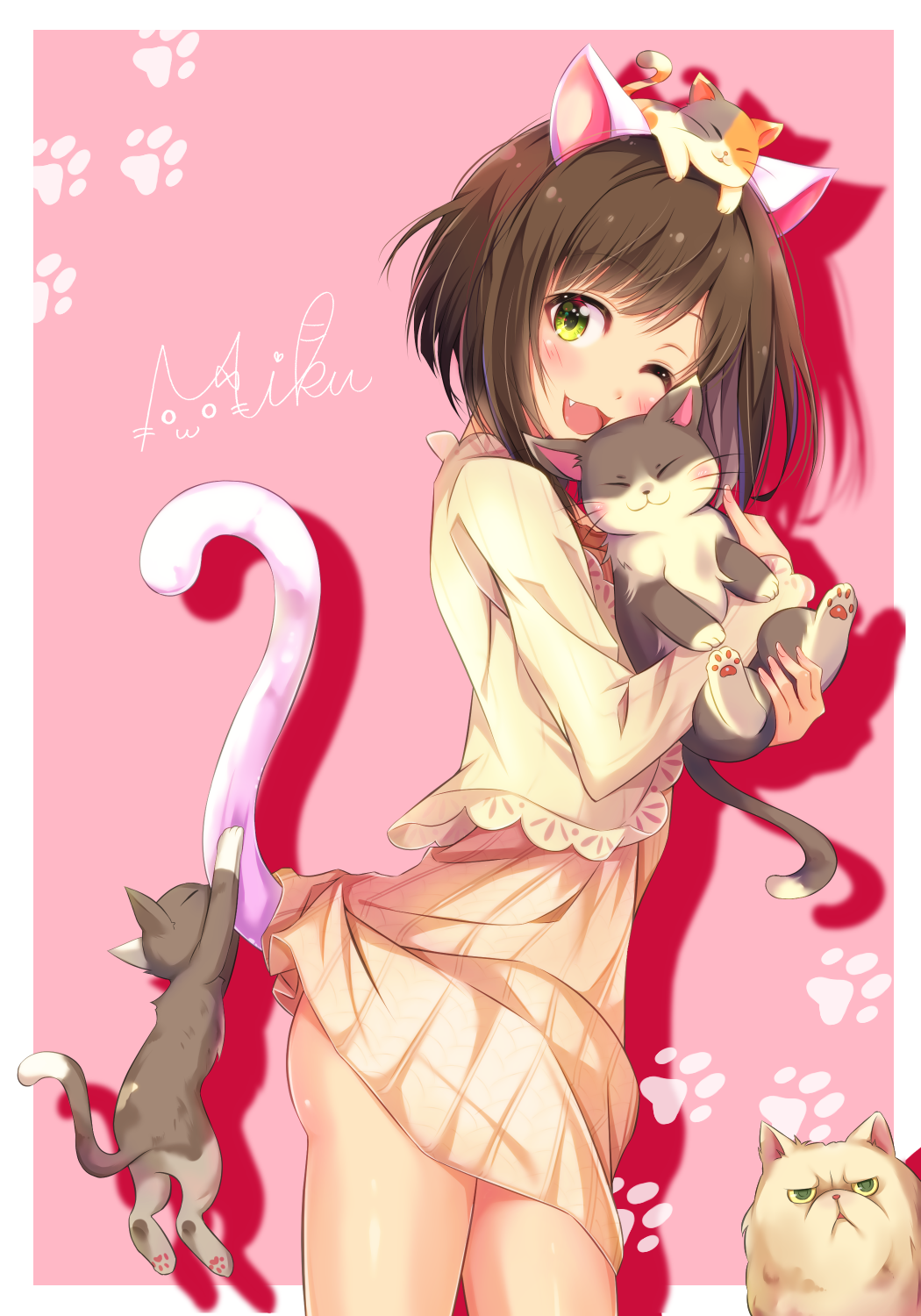 1girl ;d animal animal_ears animal_on_head blush brown_hair cat cat_ears cat_on_head cat_tail character_name commentary_request eyebrows_visible_through_hair fang green_eyes highres holding holding_animal idolmaster idolmaster_cinderella_girls long_sleeves maekawa_miku mitsuki_(omezame_alice) on_head one_eye_closed open_mouth pink_background short_hair simple_background smile standing tail