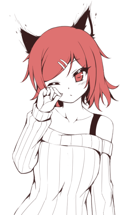 1girl animal_ears bangs bra_strap cat_ears collarbone expressionless hair_ornament hairclip limited_palette off-shoulder_sweater one_eye_closed original parted_bangs red_eyes redhead ribbed_sweater rubbing_eyes shokuane short_hair solo sweater upper_body white_background white_sweater